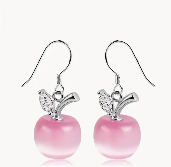 Apple Design With Pink / White Opal Shiny Zircon Elegant Cute Hook Earrings