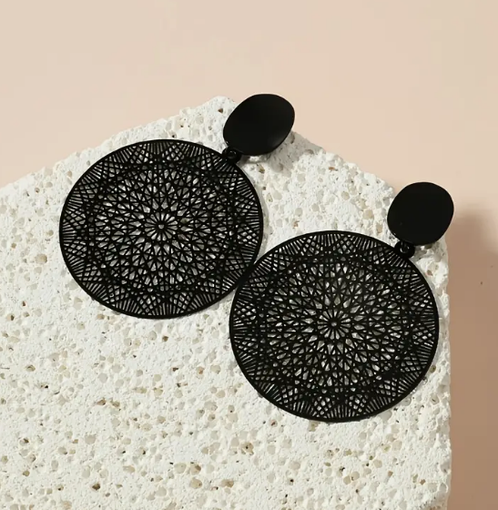 Black Pattern Round Hollow Drop Earrings