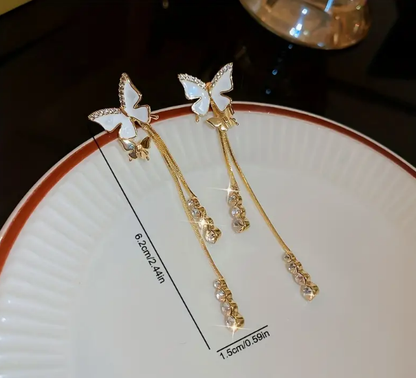 Butterfly Design With Shiny Zircon Decor Dangle Earrings 14K Gold Plated