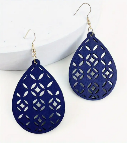 Carved Pattern Teardrop Shape Dark Blue Dangle Earrings