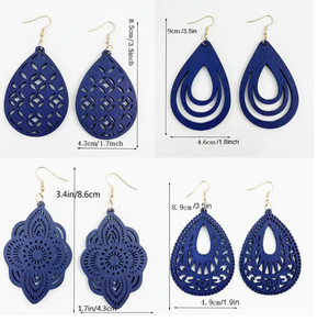 Carved Pattern Teardrop Shape Dark Blue Dangle Earrings
