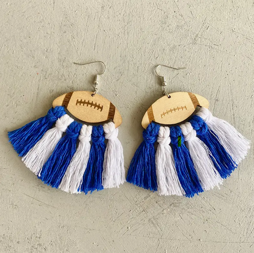Colorful Blue and White Tassel  Football Shape Wooden Pendant Earrings