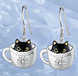 Cute Little Black Cat In Cup Drop Earring