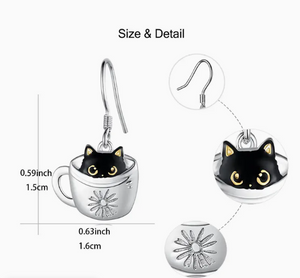 Cute Little Black Cat In Cup Drop Earring