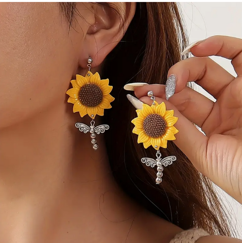 Dangle Earrings Sunflower Dragonfly Earrings