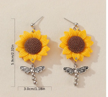 Load image into Gallery viewer, Dangle Earrings Sunflower Dragonfly Earrings