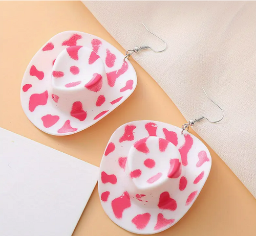 Disco Pink and White Cowboy Hat Earrings
