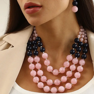 Pink & Black Beaded Necklace & Drop Earrings Simple Jewelry Set