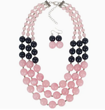 Load image into Gallery viewer, Pink &amp; Black Beaded Necklace &amp; Drop Earrings Simple Jewelry Set