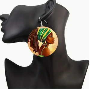 Geometric Round African Head Pattern Dangle Earrings
