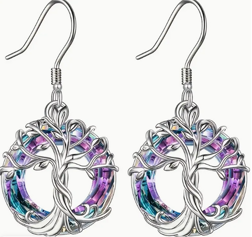 Silvery Tree Design With Hollow Circle Shape Artificial Crystal Decor Dangle Earrings