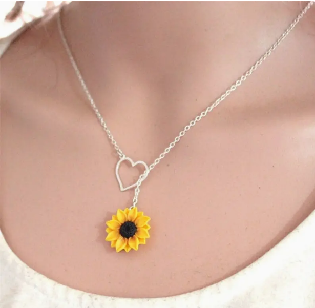 Simple Yellow Sunflower Heart Charm Necklace