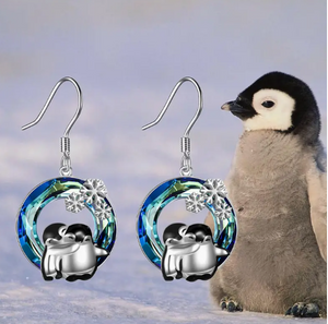 Snowflakes Hugging Two Penguins Round Pendant Earrings