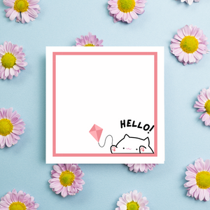 Cute Cat & Diamond Kite Hello Greeting Card | Playful & Whimsical Stationery Digital Design