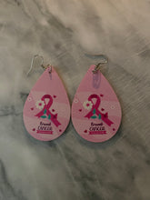Load image into Gallery viewer, Faux Leather Earrings, Breast Cancer Awareness Design Earrings, Water Drop Dangle Earrings