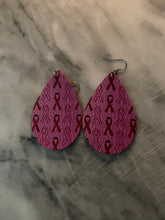 Load image into Gallery viewer, Faux Leather Earrings, Breast Cancer Awareness Design Earrings, Water Drop Dangle Earrings