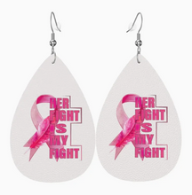 Load image into Gallery viewer, Faux Leather &quot;Her Fight is My Fight&quot; Breast Cancer Awareness Earrings