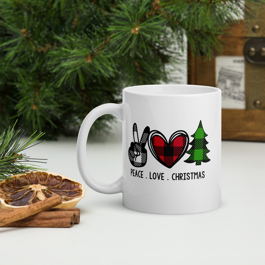 Peace Love Christmas Plaid Mug