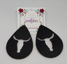 Load image into Gallery viewer, Longhorn black leather teardrop shape earrings