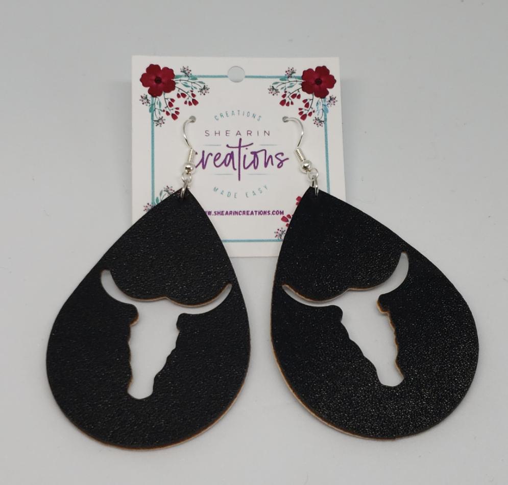 Longhorn black leather teardrop shape earrings